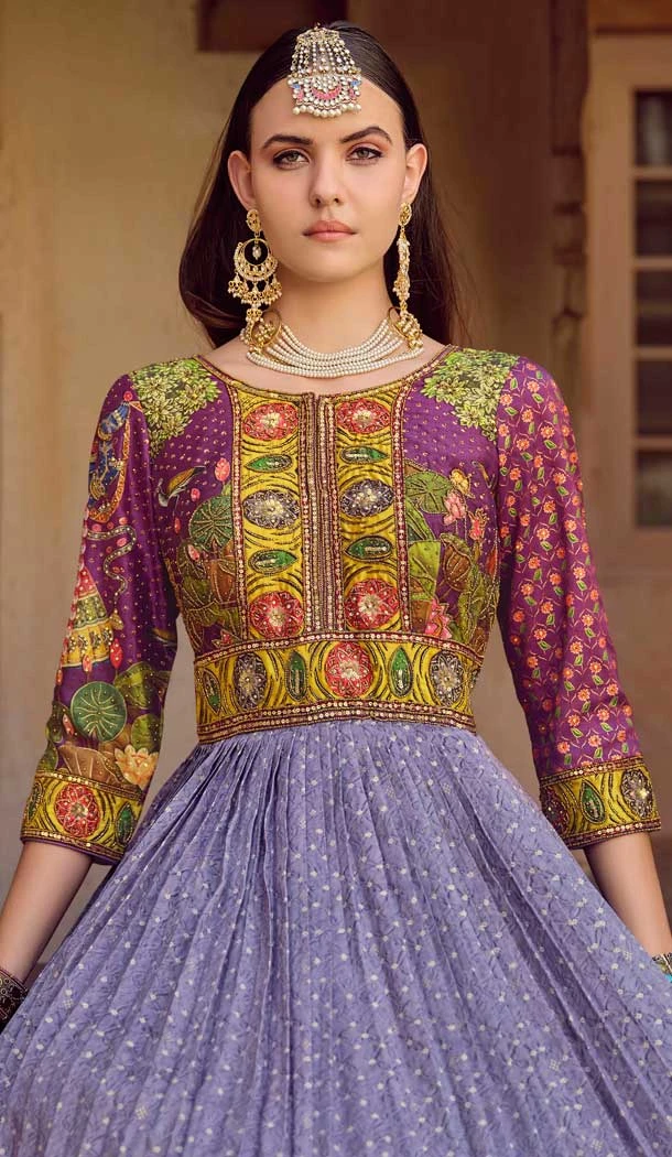 Lavender Smooth Silk Foil Print Work Wedding Wear Gown With Dupatta - 11627202219 Lavender Smooth Silk Foil Print Work Wedding Wear Gown With Dupatta - 11627202219