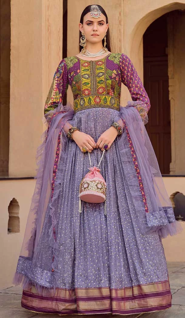 Lavender Smooth Silk Foil Print Work Wedding Wear Gown With Dupatta - 11627202219 Lavender Smooth Silk Foil Print Work Wedding Wear Gown With Dupatta - 11627202219