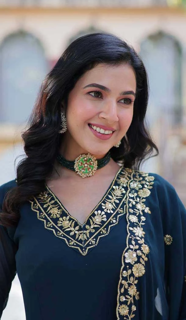 Teal Blue Georgette Embroidery Work Party Wear Gown - 11871203703 Teal Blue Georgette Embroidery Work Party Wear Gown - 11871203703