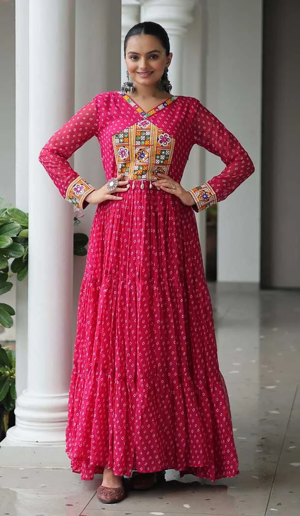 Pink Faux Georgette Bandhani Print Work Navratri Special Gown - 12977210391 Pink Faux Georgette Bandhani Print Work Navratri Special Gown - 12977210391