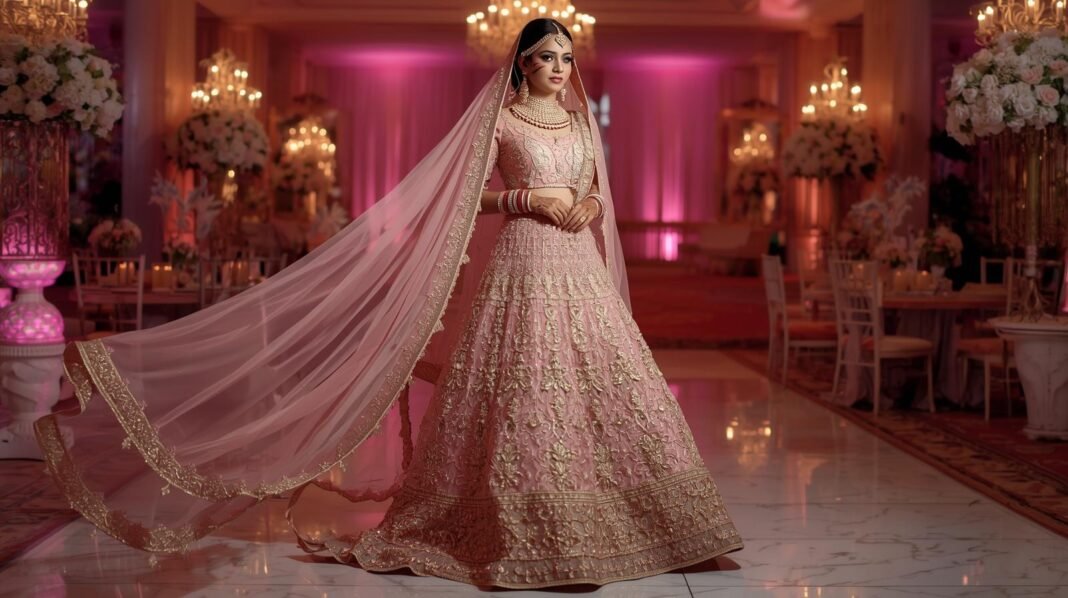 _Create a high-quality Instagram post of a modern Indian bride wearing a pastel pink bridal lehenga with gold embroidery, styled with elegant jewelry and soft curls, standing in a luxurious wedding venue decora