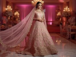 _Create a high-quality Instagram post of a modern Indian bride wearing a pastel pink bridal lehenga with gold embroidery, styled with elegant jewelry and soft curls, standing in a luxurious wedding venue decora