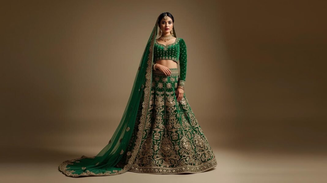 Velvet Bridal Lehenga Collection 2025 – Emerald, Wine & Plus-Size Fits HeenaStyle