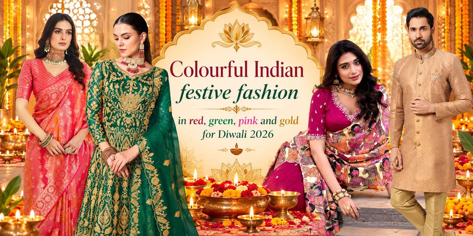 Colourful Indian festive fashion in red, green, pink and gold for Diwali 2026