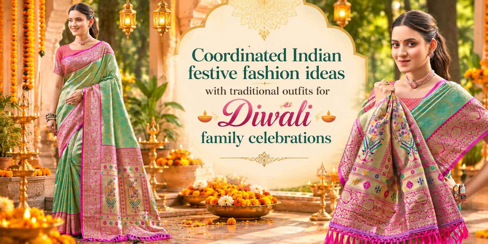Coordinated Indian festive fashion ideas with traditional outfits for Diwali family celebrations