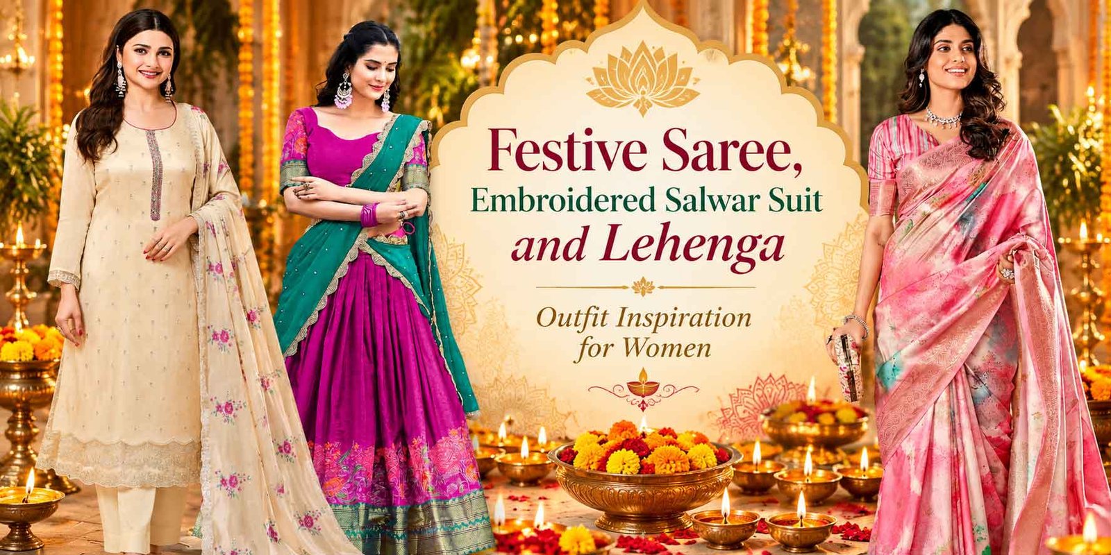 Festive saree, embroidered salwar suit and lehenga outfit inspiration for women