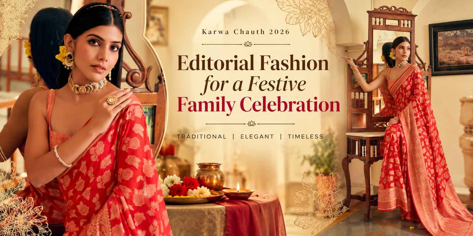 Editorial image showing a festive Indian suit or saree styled for a family celebration