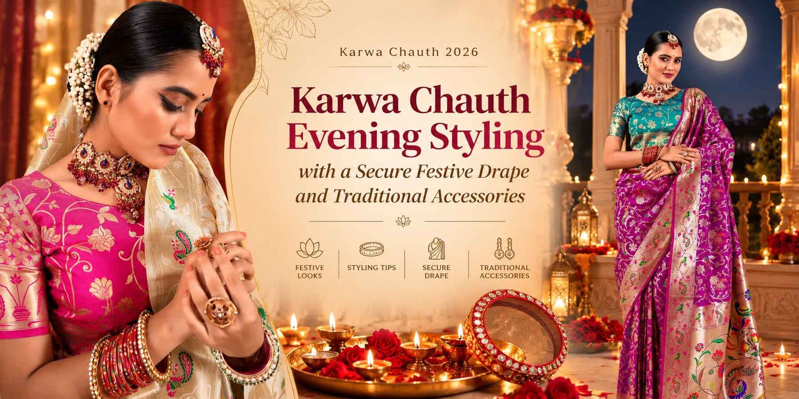 Karwa Chauth evening styling with a secure festive drape and traditional accessories