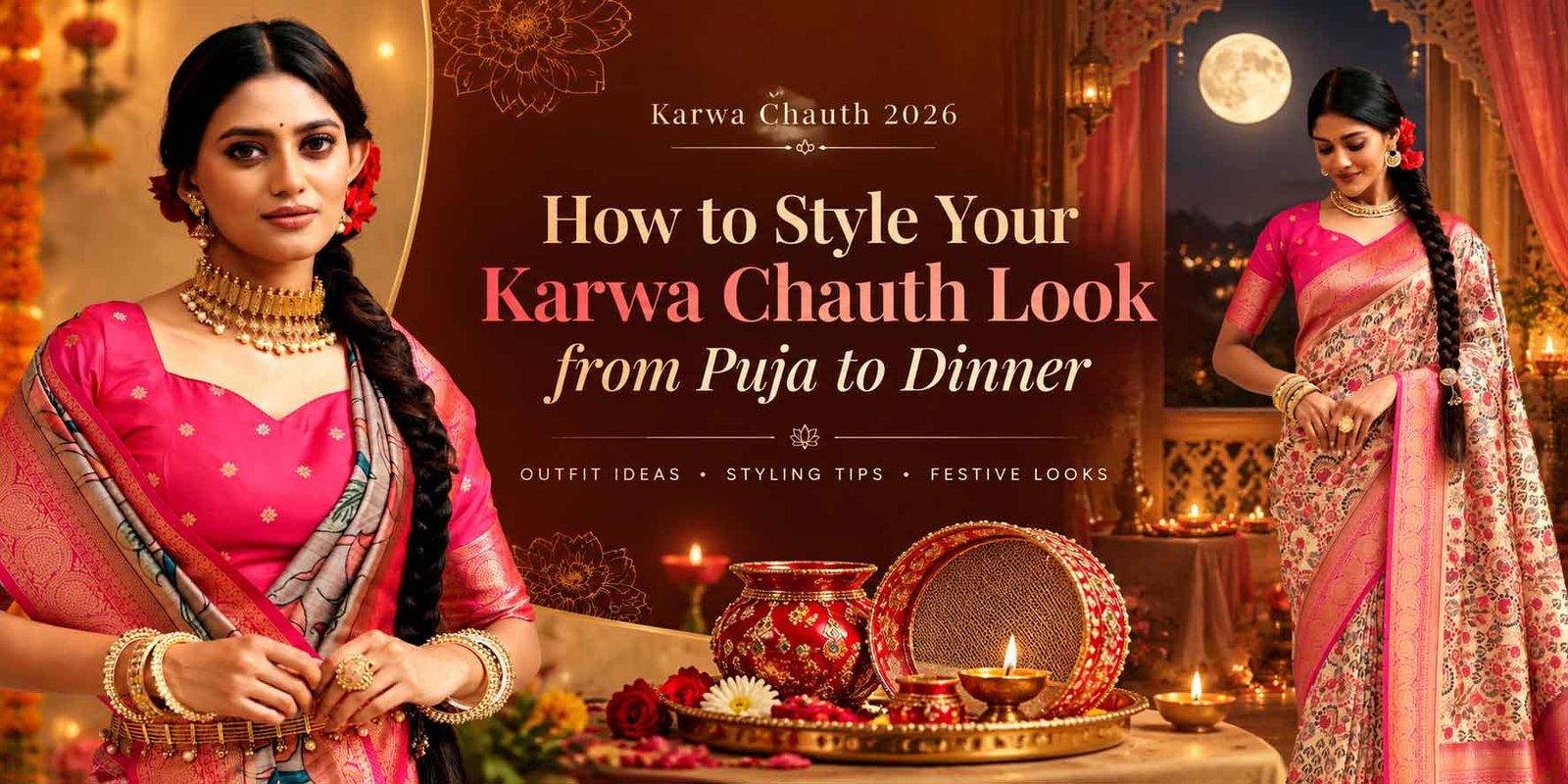 Karwa Chauth 2026 festive fashion editorial banner featuring elegant Indian ethnic wear