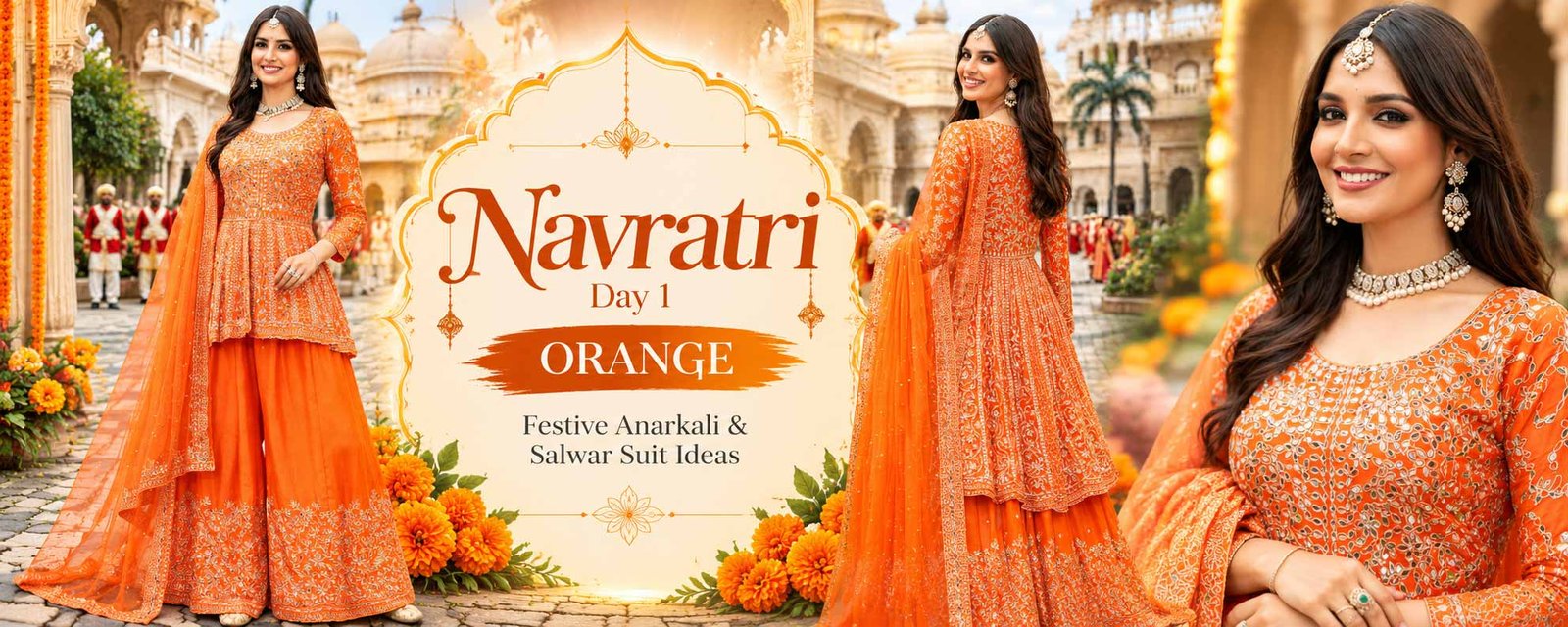 Orange festive Anarkali or salwar suit idea for Navratri Day 1