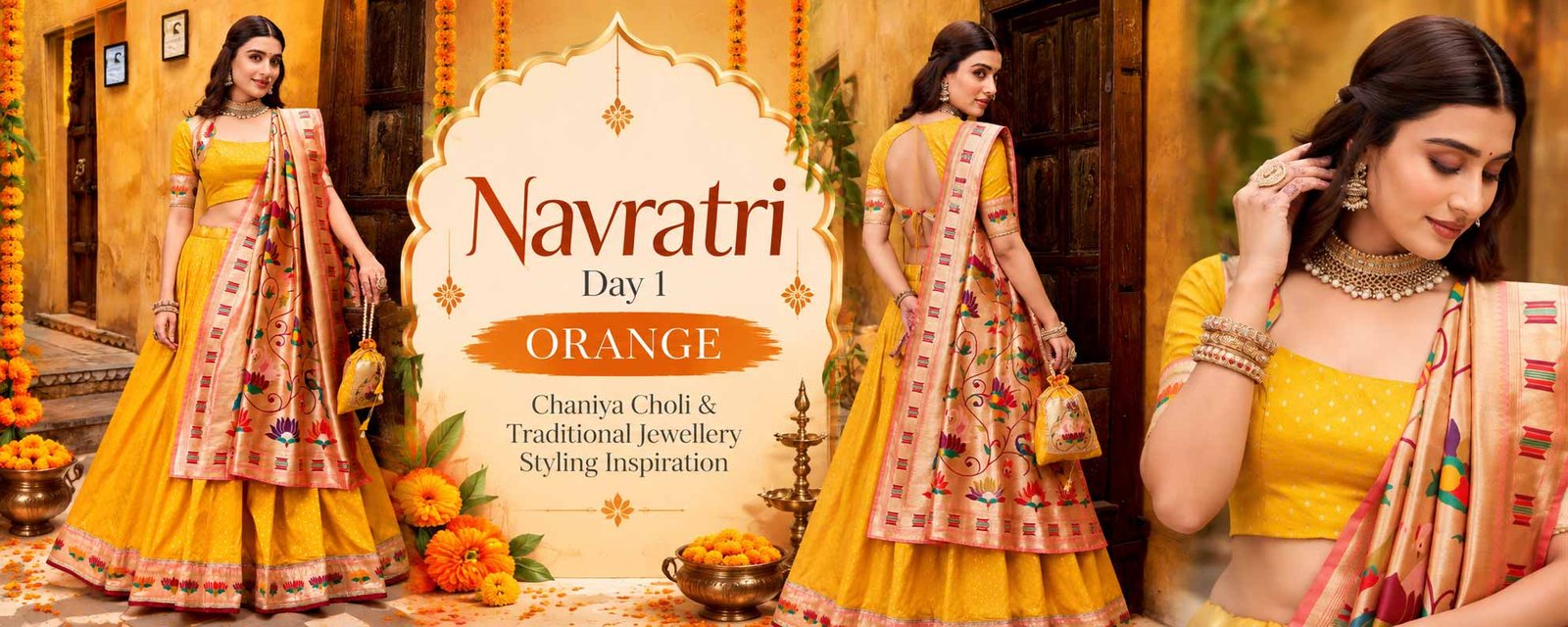 Orange chaniya choli and traditional jewellery styling inspiration for the first night of Navratri