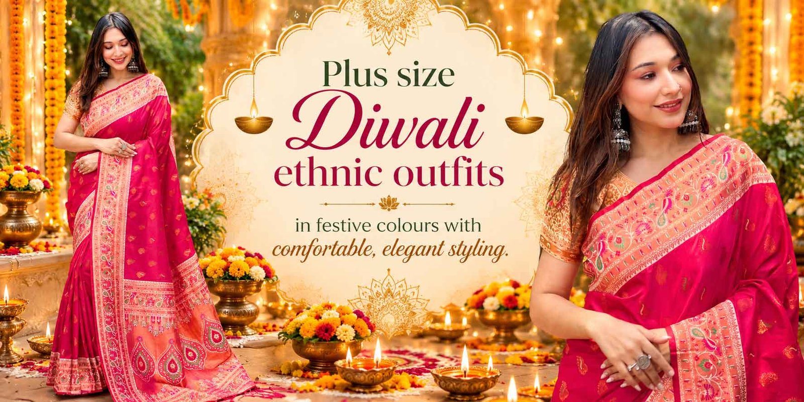 Plus size Diwali ethnic outfits in festive colours with comfortable, elegant styling