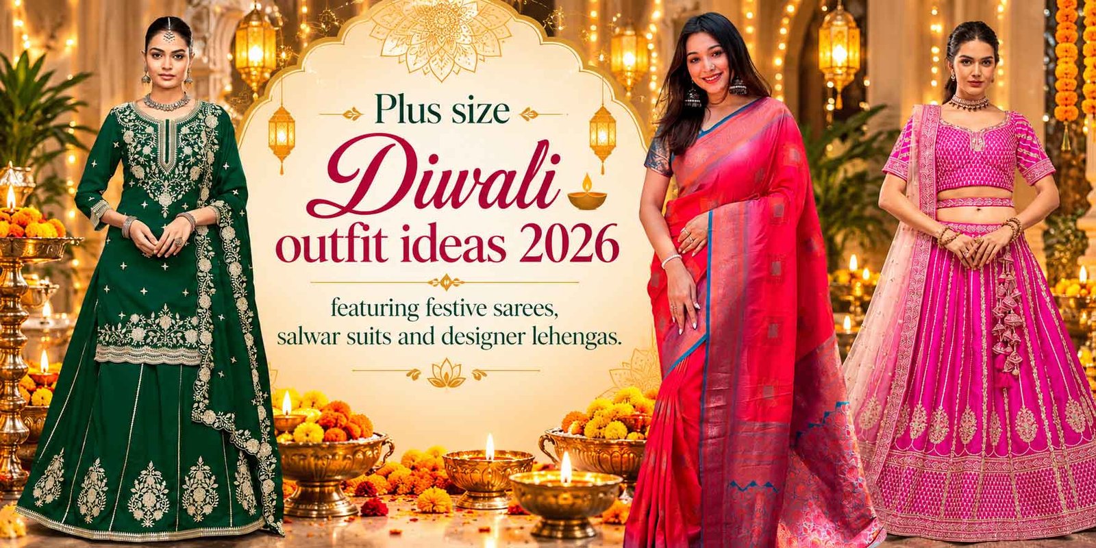 Plus size Diwali outfit ideas 2026 featuring festive sarees, salwar suits and designer lehengas