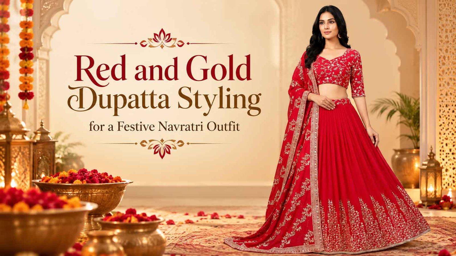Red and gold dupatta styling for a festive Navratri outfit