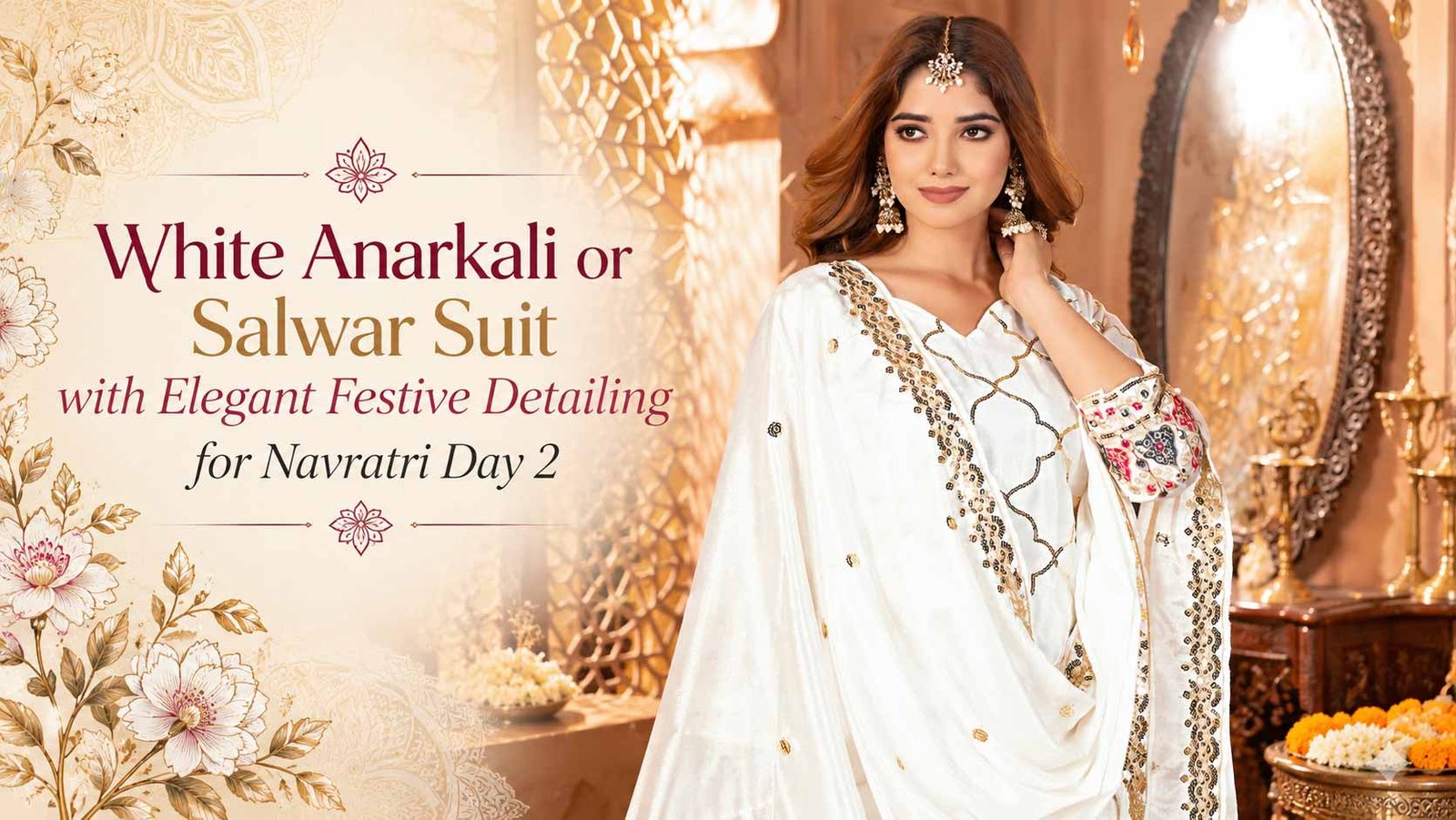 White Anarkali or salwar suit with elegant festive detailing for Navratri Day 2
