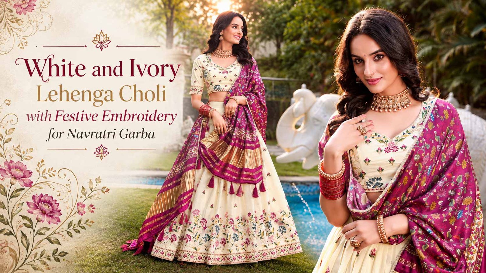 White and ivory lehenga choli with festive embroidery for Navratri Garba