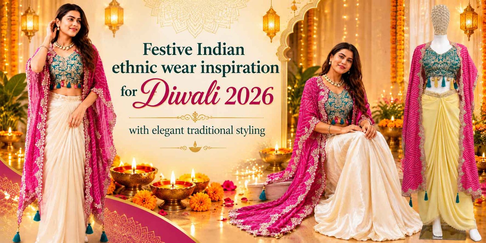 Festive Indian ethnic wear inspiration for Diwali 2026 with elegant traditional styling