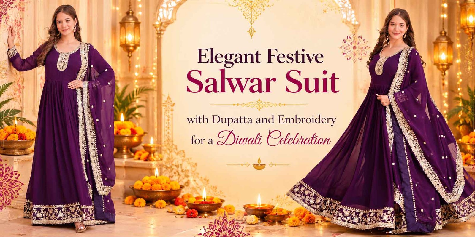 Elegant festive salwar suit with dupatta and embroidery for a Diwali celebration