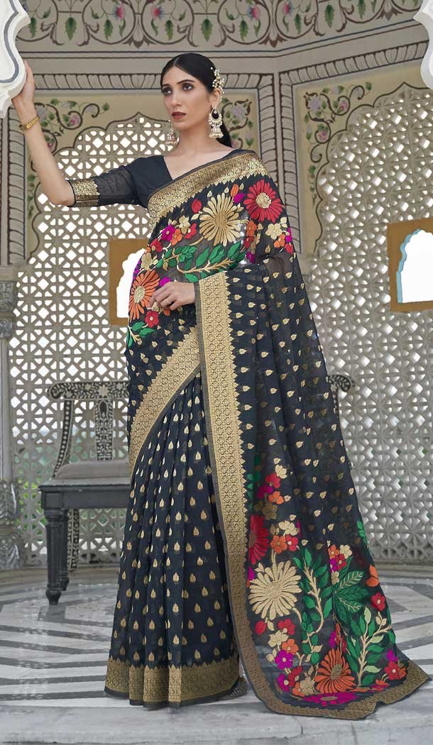 Pure Linen Silk Black Color Jacquard Work Traditional Party Wear Saree -6230168123