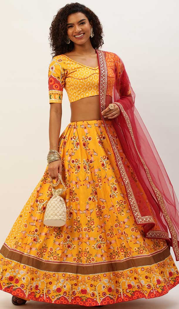 Yellow Color Vaishali Silk Printed Gota Patti Work Designer Plus Size Lehenga Choli -6316168691