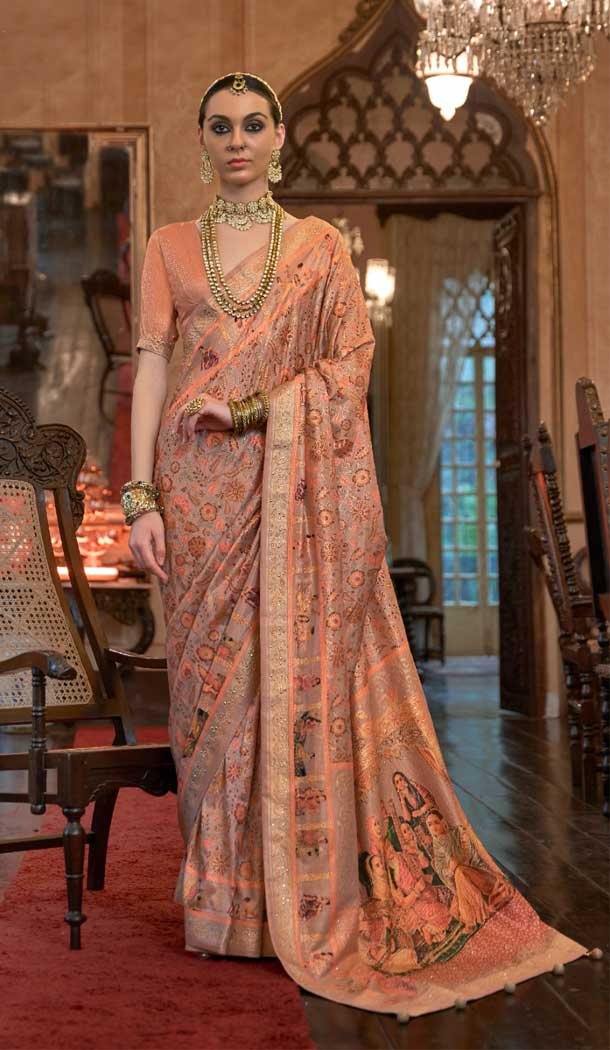 Peach Color Pure Patola Heavy Sparkal Work Designer Plus Size Saree -6340168849