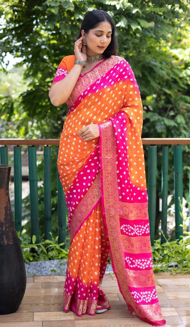 Pink and Orange Color Pure Bandhej Silk Patola Print Traditional Wear Bandhani Saree 6374