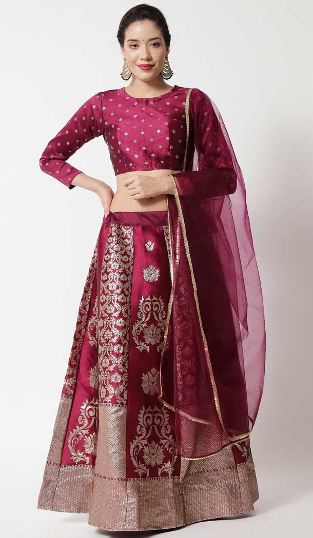 Banarasi Silk Jacquard Work Wine Color Traditional Wear Lehenga Choli -6380169233