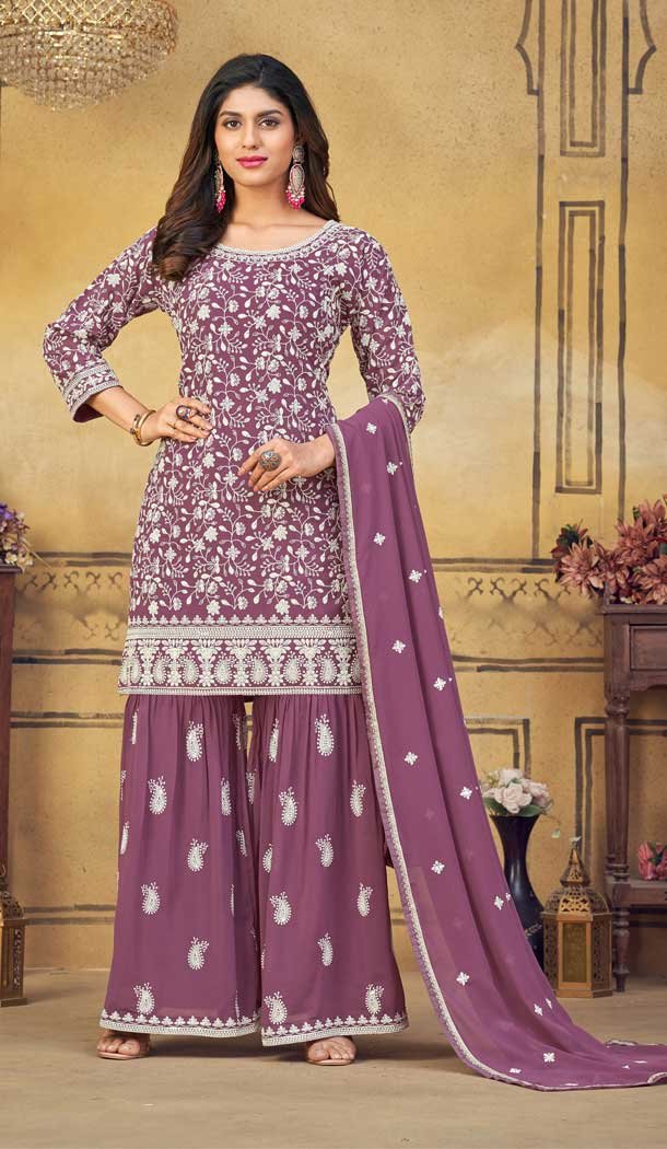 Gorgeous Mauve Color Georgette Embroidery Work Trendy Palazzo Salwar Suits -6383169247