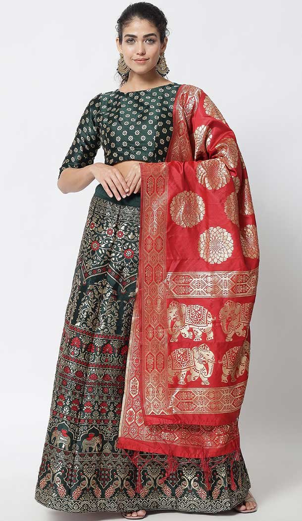 Green Color Banarasi Silk Jacquard Work Party Wear Plus SIze Lehenga Choli -6387169271