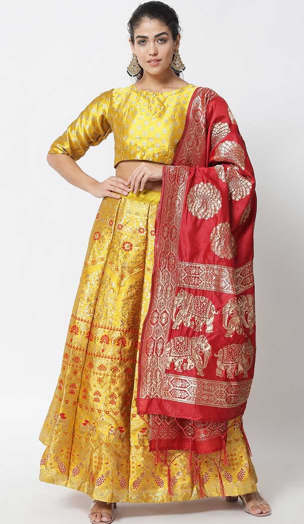 Yellow Color Banarasi Silk Jacquard Work Party Wear Plus SIze Lehenga Choli -6387169274