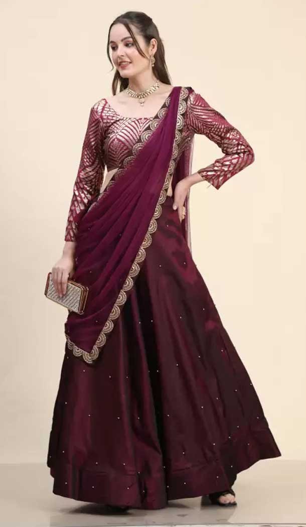Fascinating Wine Color Satin Silk Stone Work Women Party Wear Plus Size Lehenga Choli -6388169278
