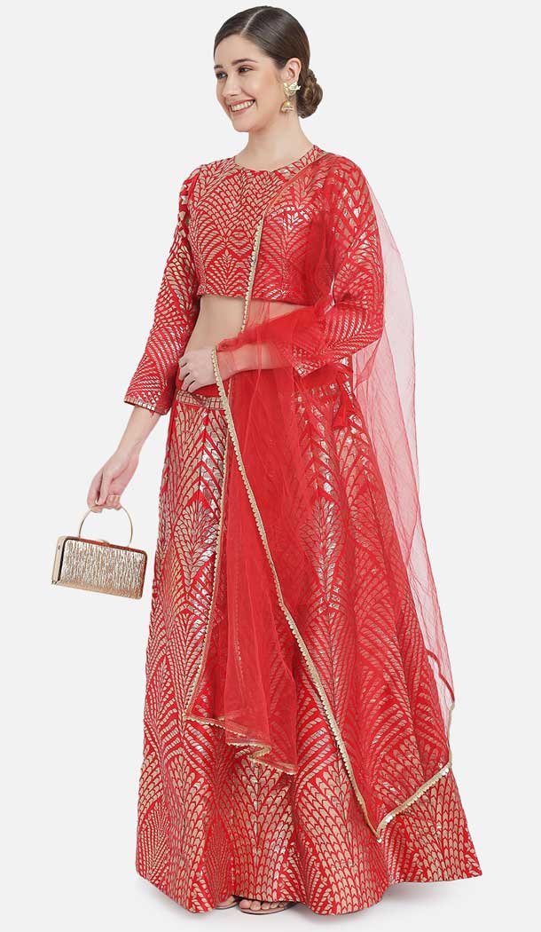 Sparkling Banarasi Silk Red Color Jacquard Work Party Wear Plus Size Lehenga Choli -6389169281
