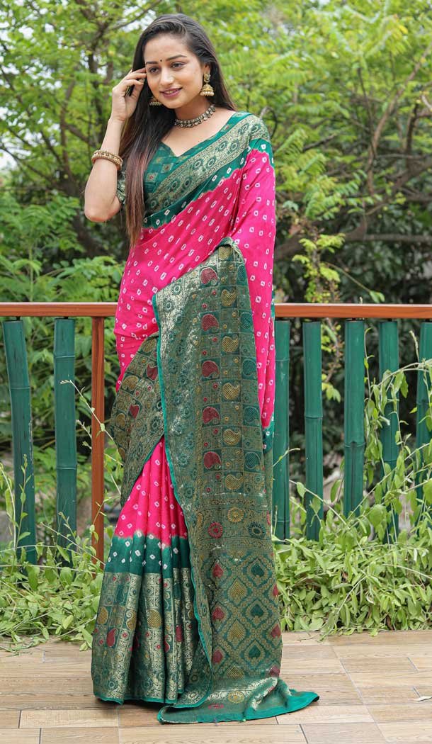 Pink & Green Color Pure Bandhej Silk Zari Weaving Work Designer Party Wear Saree -6432169622