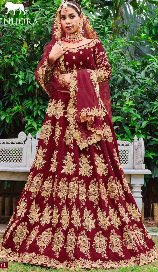 Embroidery Heavy Velvet Bridal Wear Women Lehenga in Maroon Color -6535170391