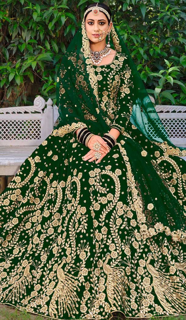 Green Color Embroidery Heavy Velvet Bridal Wear Women Lehenga -6535170395