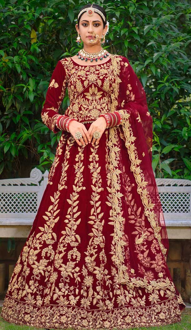 Traditional Maroon Color Embroidery Heavy Velvet Bridal Wear Women Lehenga -6535170396