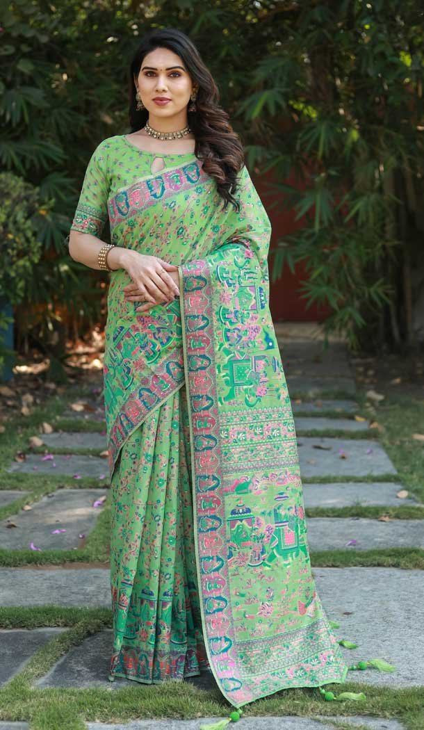 Pashmina Soft Cotton Jacquard Designer Patola Saree in Green -6543170439