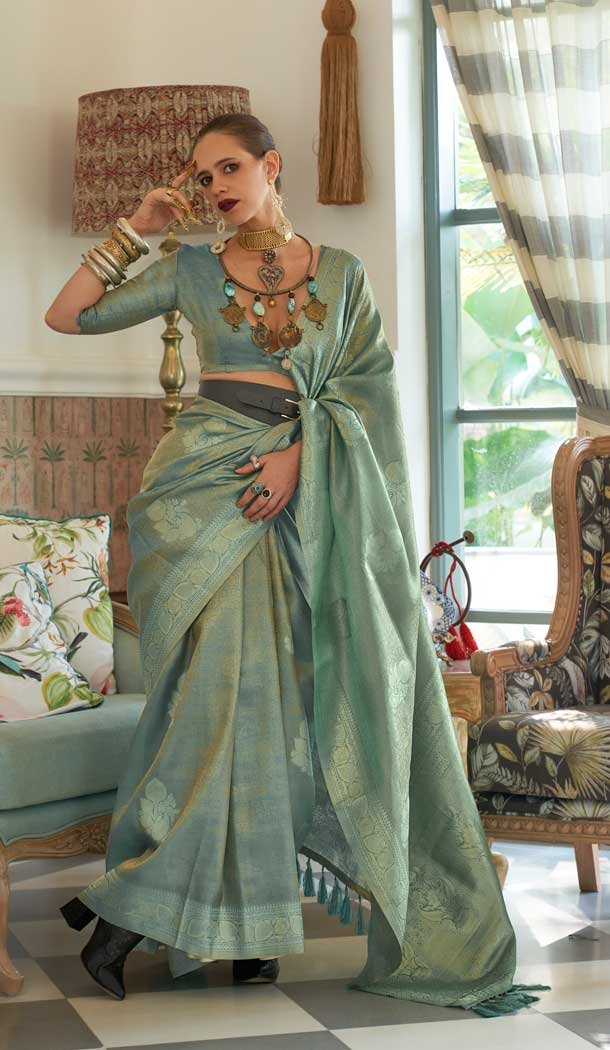 Rama Blue Color Satin Tissue Nylon Weaving Work Designer Party Wear Saree -6490169996
