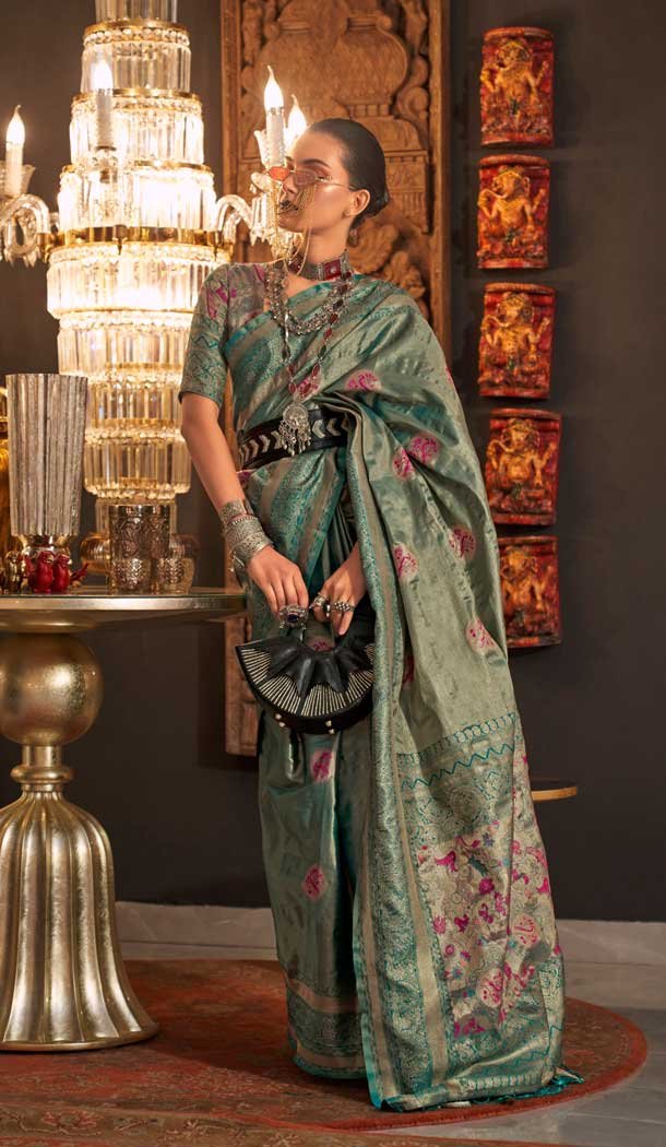 Handloom Weaving Silk Jacquard Work Teal Blue Color Party Wear Saree -6549170487