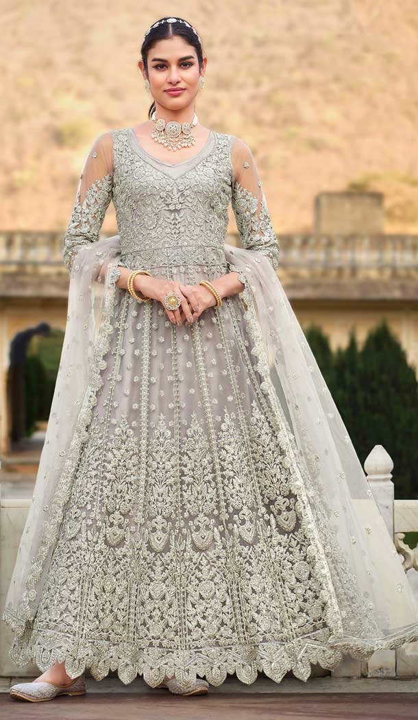 Heenastyle Pure Butterfly Net Front Stone Work Designer Anarkali Salwar Kameez in Grey 6550170490