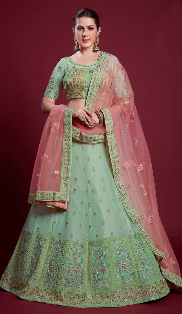 Georgette Thread Work Designer Wedding Wear Women Lehenga Choli In Pista Green -6567170600