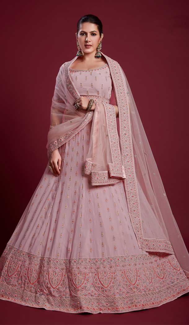 Georgette Thread Work Designer Wedding Wear Women Lehenga Choli In Peach -6567170601