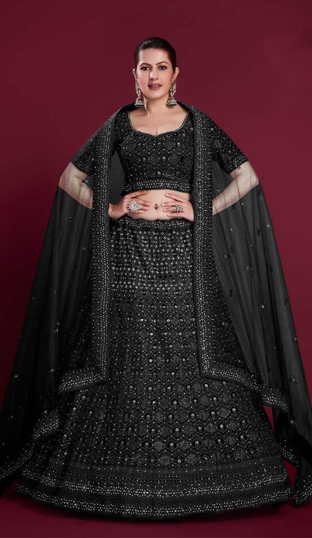 Georgette Zarkan Work Designer Wedding Wear Women Lehenga Choli In Black -6567170610