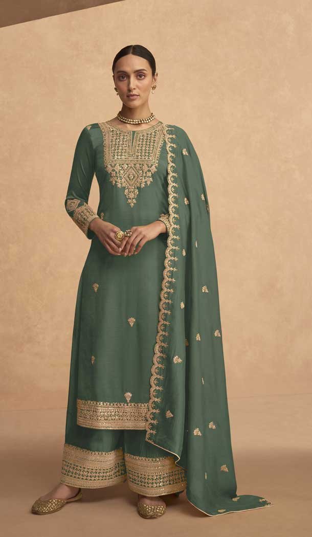 Embroidery Georgette Pakistani Style Plus Size Palazzo Salwar Suit in Green -6647171219