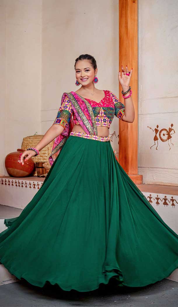 Women Georgette Embroidery Thread Work Navratri Chaniya Choli in Green -7229174986