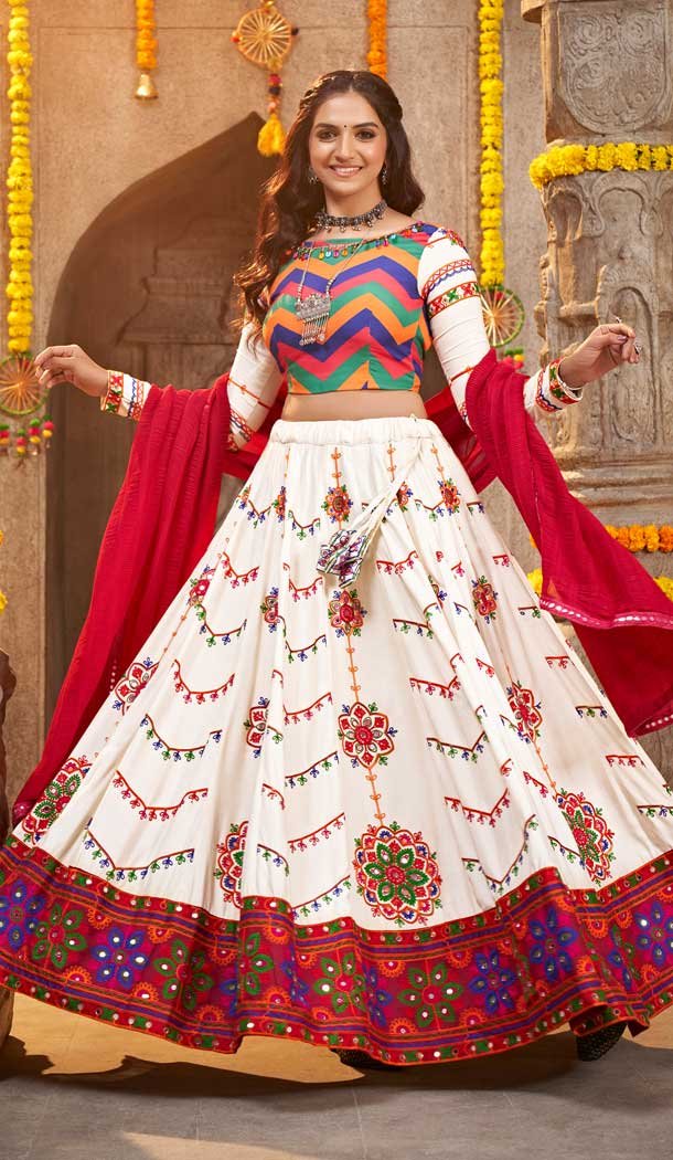 Viscose Rayon Kutchi Embroidery Work Designer Navratri chaniya choli in Pearl White -7407176051