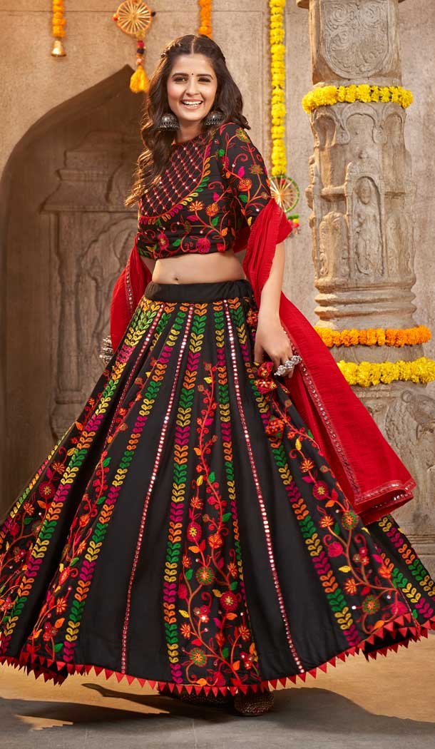 Black Viscose Rayon Kutchi Embroidery Work Designer Navratri chaniya choli -7407176053