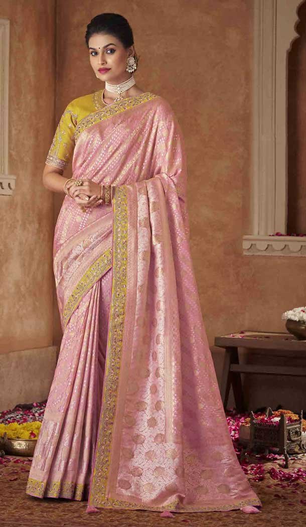 Embroidery Work Pure Dola Silk Designer Women Saree in Light Pink -6344168877