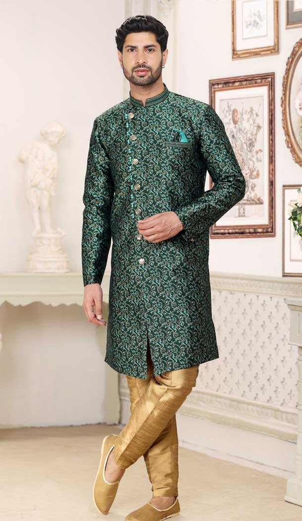 Banarasi Jacquard Classic Traditional Wear Men's Semi Indo-Western in Green -6658171292