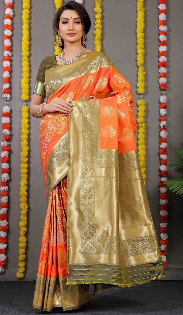 Banarasi Silk Jacquard Work Traditional Wear Saree Blouse in Orange -6672171396